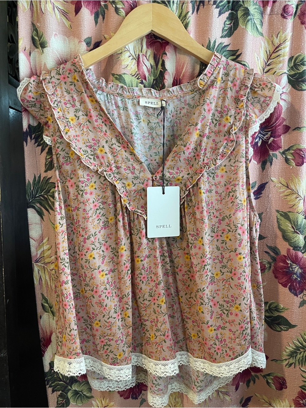 Spell Mimi Rose Pink Floral Ruffle Lace-Trim Sleeveless Top